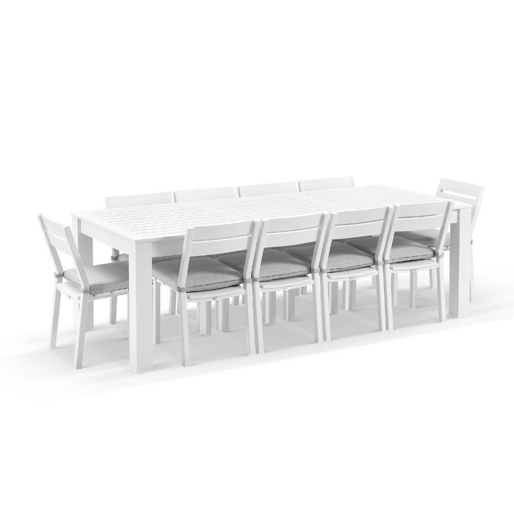 Santorini 2.5m Outdoor Aluminium Dining Setting With 10x Armless Chairs