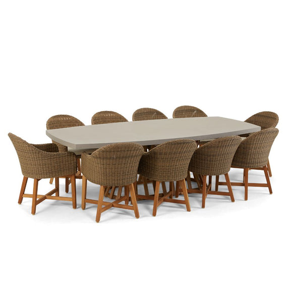 Waverley 2.6m Outdoor Concrete Look Dining Set With 10 Coastal Wicker Chairs