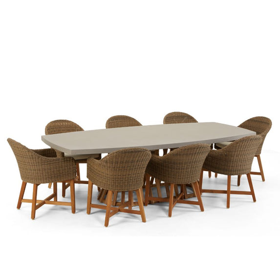 Waverley 2.6m Outdoor Concrete Look Dining Set With 8 Coastal Wicker Chairs