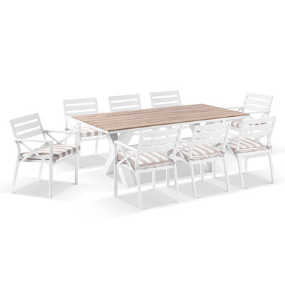 Kansas 2m Outdoor Teak and Aluminium Dining with 8 Chairs with Sunbrella cushions