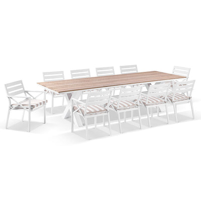 Kansas 3m Outdoor Teak Timber and Aluminium Dining Table with 10 Chairs with Sunbrella cushions