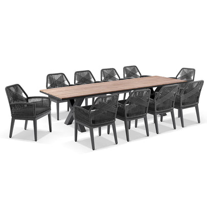 Kansas 3m Outdoor Teak Timber and Aluminium Dining Table with 10 Hugo Rope Chairs
