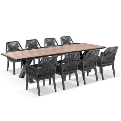 Kansas 3m Outdoor Teak Timber and Aluminium Dining Table with 10 Hugo Rope Chairs