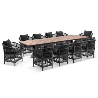 Kansas 3m Outdoor Teak Timber and Aluminium Dining Table with 10 Malawi Wicker Chairs