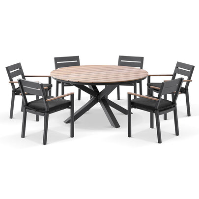 Tuscany Round 1.5m Outdoor Aluminium and Teak Dining Table with 6 Capri Chairs