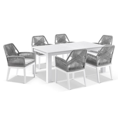 Santorini 1.8m Outdoor Rectangle Aluminium Dining Table with 6 Hugo Rope Chairs