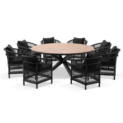 Tuscany Round 1.8m Outdoor Aluminium and Teak Dining Table with 8 Watego Malawi Style Wicker Dining Chairs
