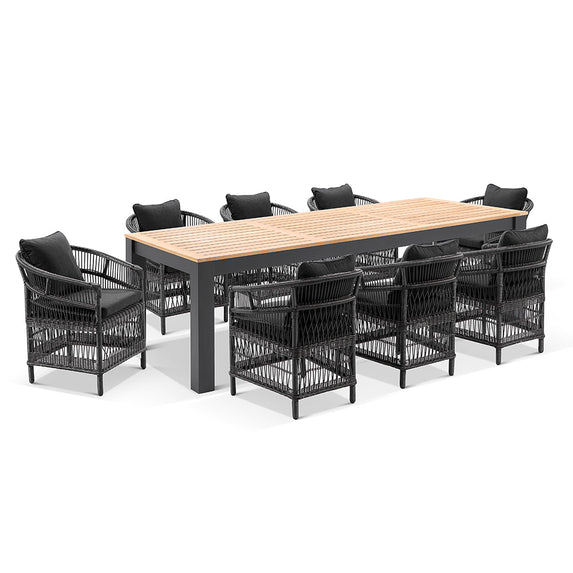 Balmoral 2.5 Outdoor Teak Top Aluminium Table with 8 Watego Malawi Style Chairs