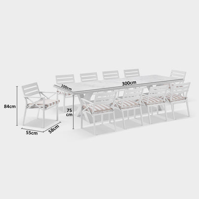 Kansas Outdoor Ceramic 3m Aluminium Dining Table with 10 Chairs Setting in Sunbrella