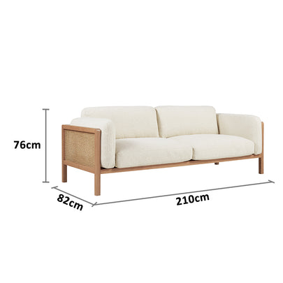 Killara Indoor Cream Boucle Couch Fabric and Timber 3 Seat Rattan Lounge Sofa