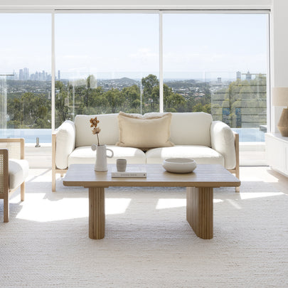 Killara Indoor Cream Boucle Couch Fabric and Timber 3+1+1 Rattan Lounge Sofa Setting