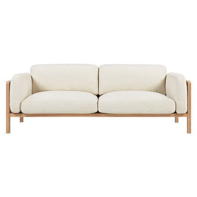 Killara Indoor Cream Boucle Couch Fabric and Timber 3 Seat Rattan Lounge Sofa