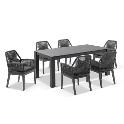 Hugo Ceramic 1.8m Outdoor Aluminium Dining Table with 6 Hugo Rope Chairs