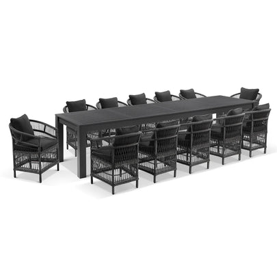 Santorini 3.55 Outdoor Rectangle Aluminium Dining Table with 12 Watego Malawi Style Chairs