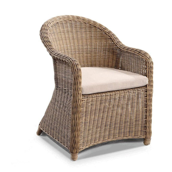 Plantation Full Round Wicker Dining Arm Chair in Brushed Wheat
