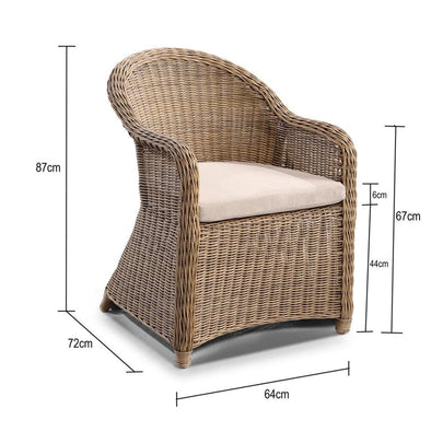 Plantation Full Round Wicker Dining Arm Chair in Brushed Wheat