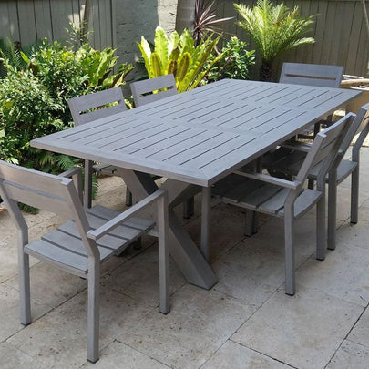 Aged Teak look Tahitian 2.1m Aluminium Dining Setting with Santorini Chairs