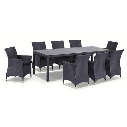 Roman 8 Rectangle Outdoor Wicker Glass Top Dining Table and Chairs Setting