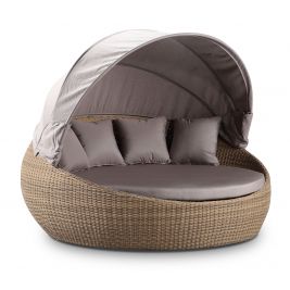 Large Newport Outdoor Wicker Round Daybed w/ Canopy - Brushed Wheat with Sunbrella