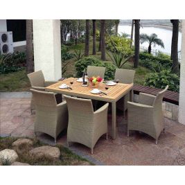 Sahara 6 Seater Teak Top and Wicker Dining Table and Chairs Patio Setting