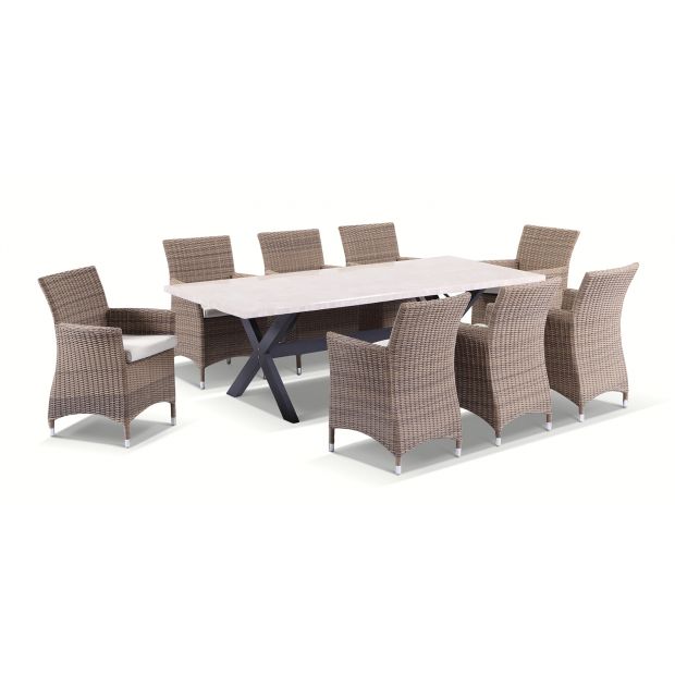Sicillian 8 Seater Rectangle Stone, Round Stone Dining Table And Chairs